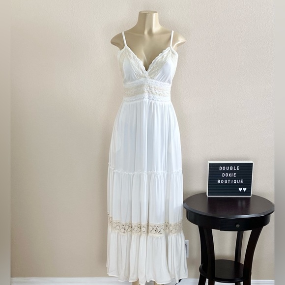 Solitaire Dresses & Skirts - SOLITAIRE | Ivory Boho Lace Trim Cottagecore Pocket Dress Sz M